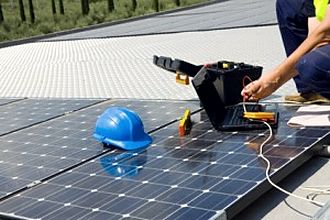 Fachkraft misst mit einem Messgerät an einem Solarmodul